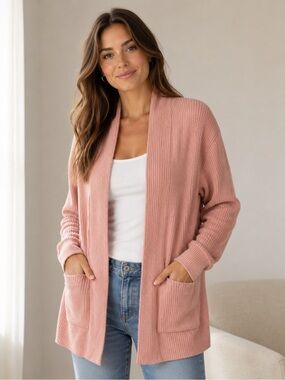 Freckled Poppy Pink Ribbed Open Front Cardigan Womens L 🌸